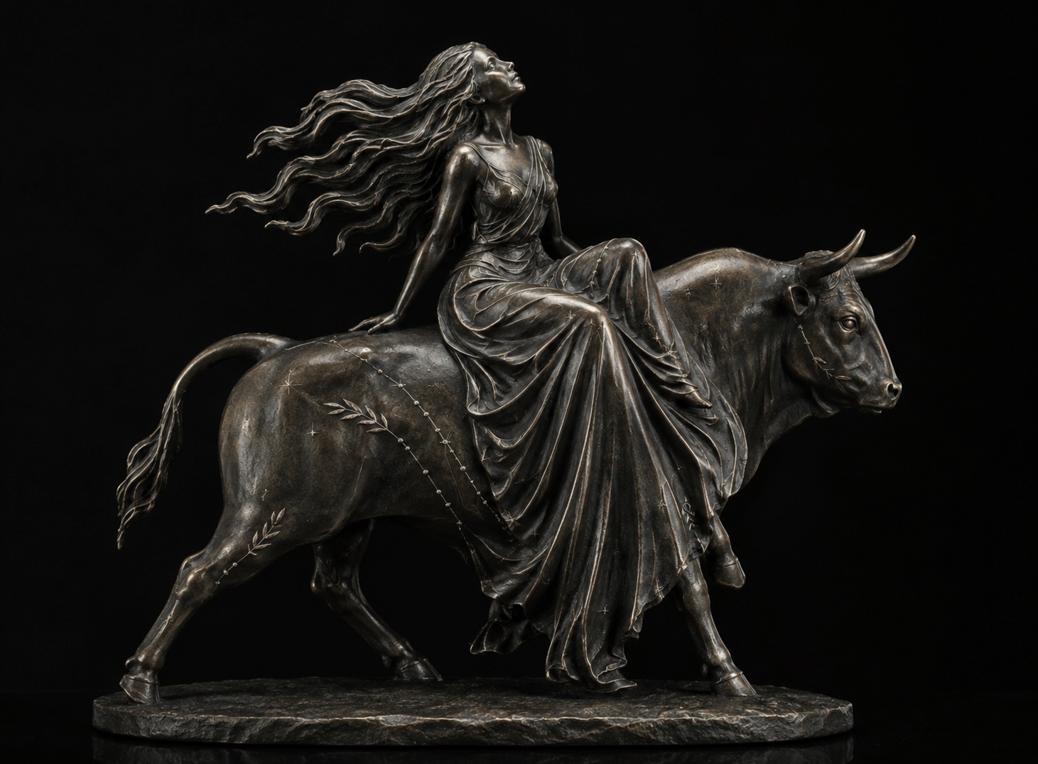 Statue of young woman sitting on a bull with a black background