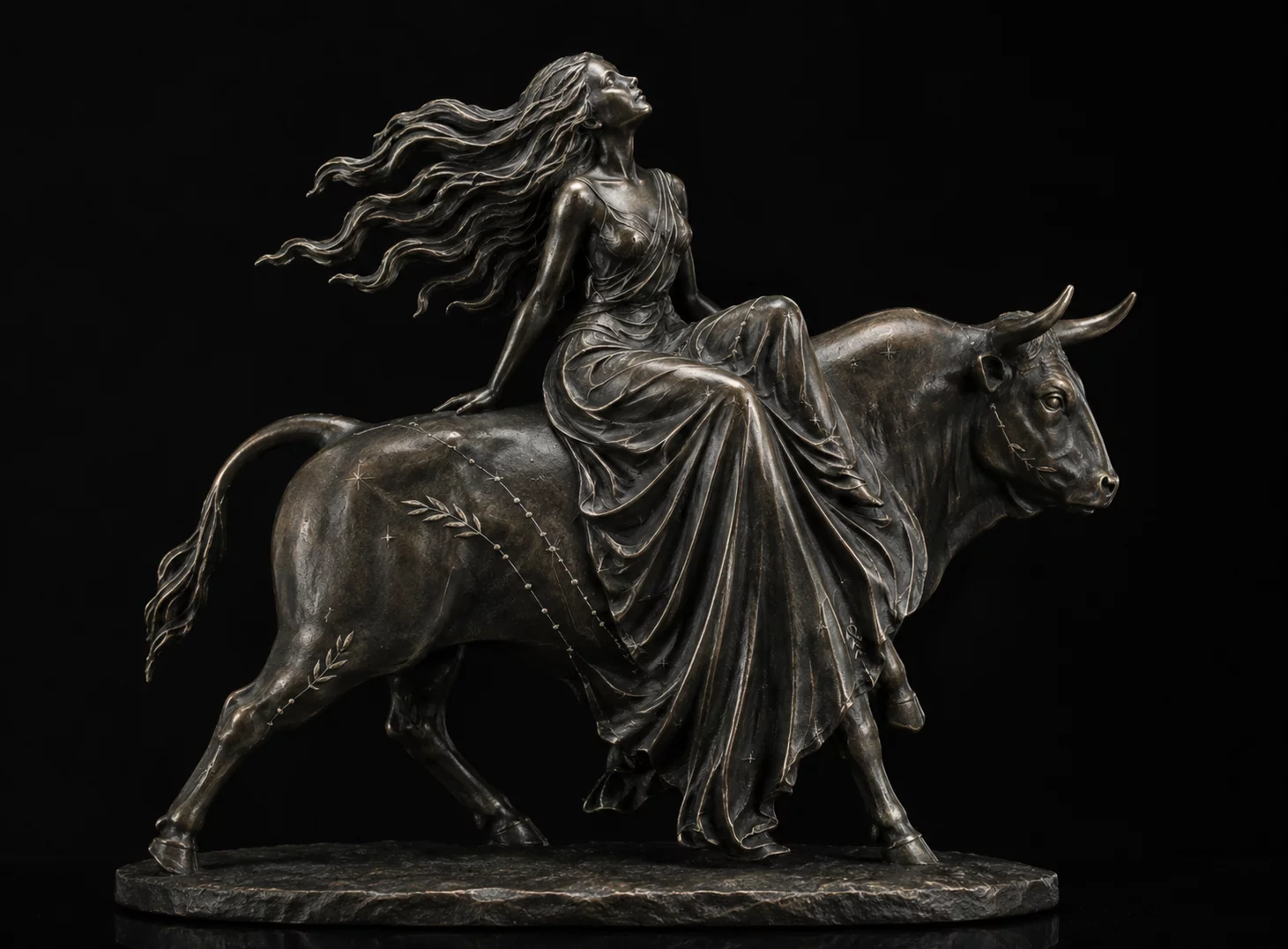 Statue of young woman sitting on a bull with a black background