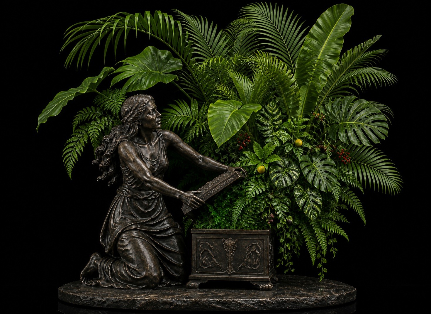 Statue of a woman opening a box of greens AI generated image