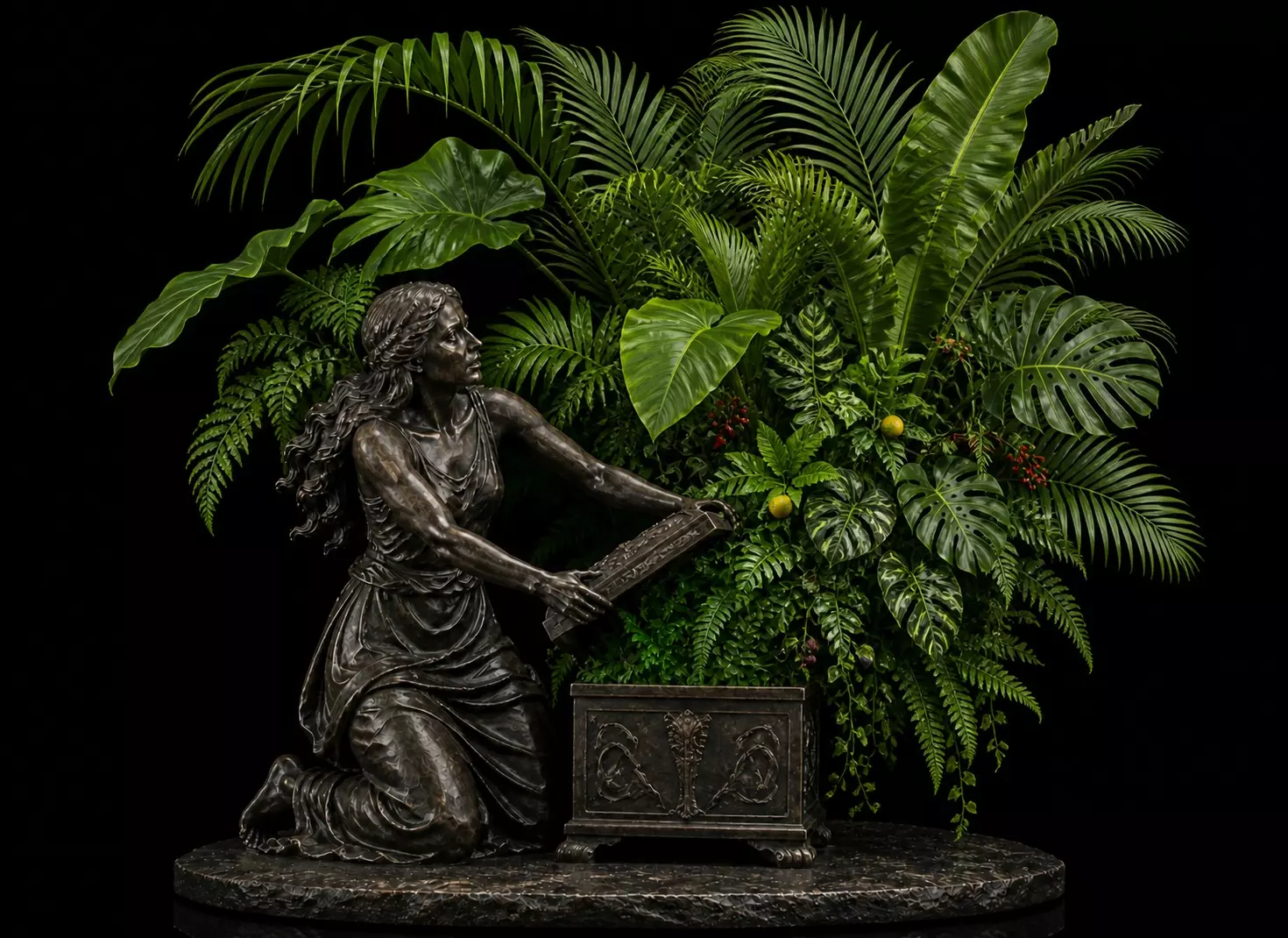 Statue of a woman opening a box of greens AI generated image