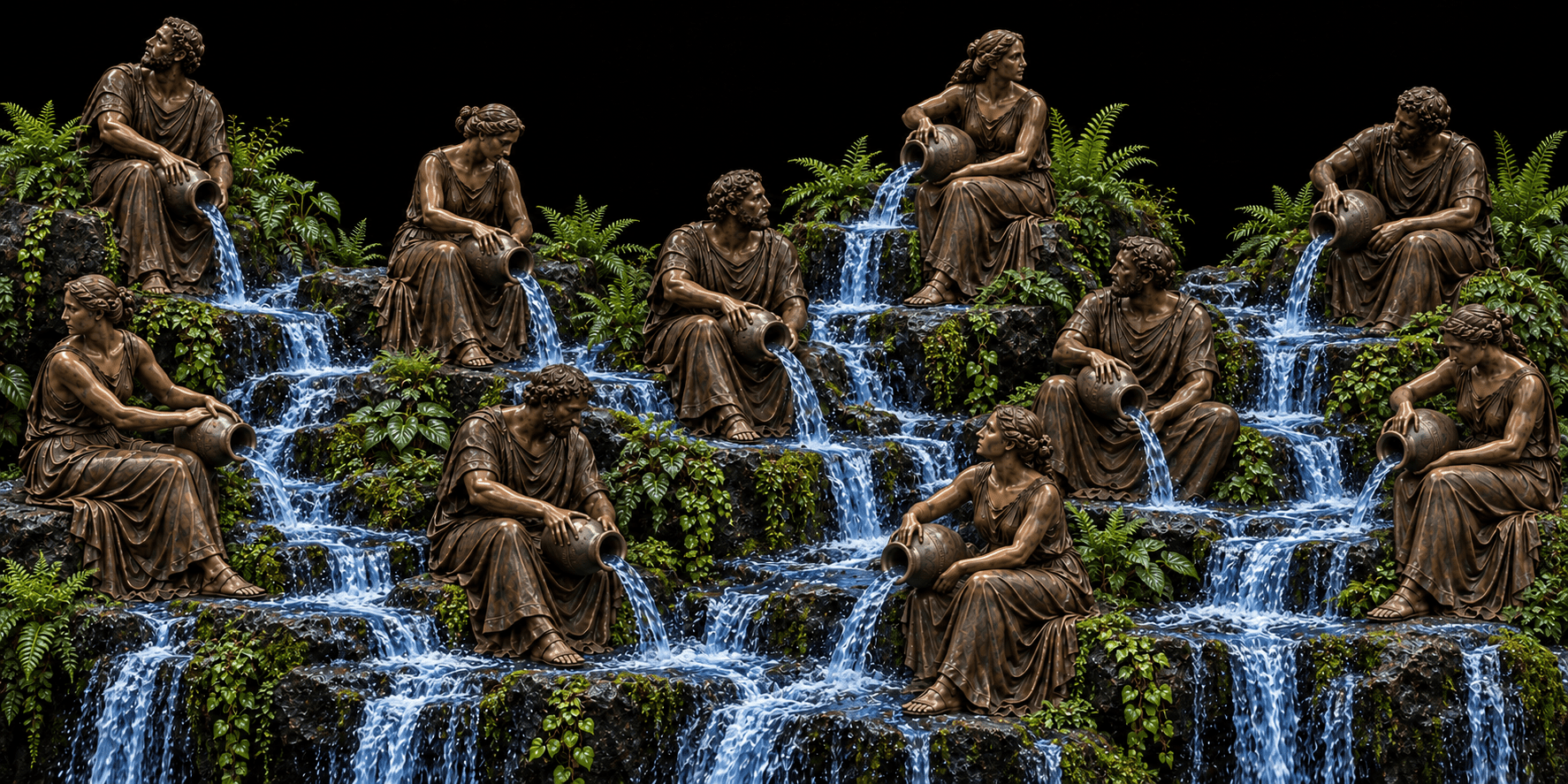 People in ancient Roman dress sit on rocky ledges, pouring streams of blue water between one another, with no clear leader among them.